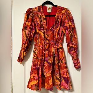 FARM Rio red banana print mini puff sleeve dress, XS, adjustable waist